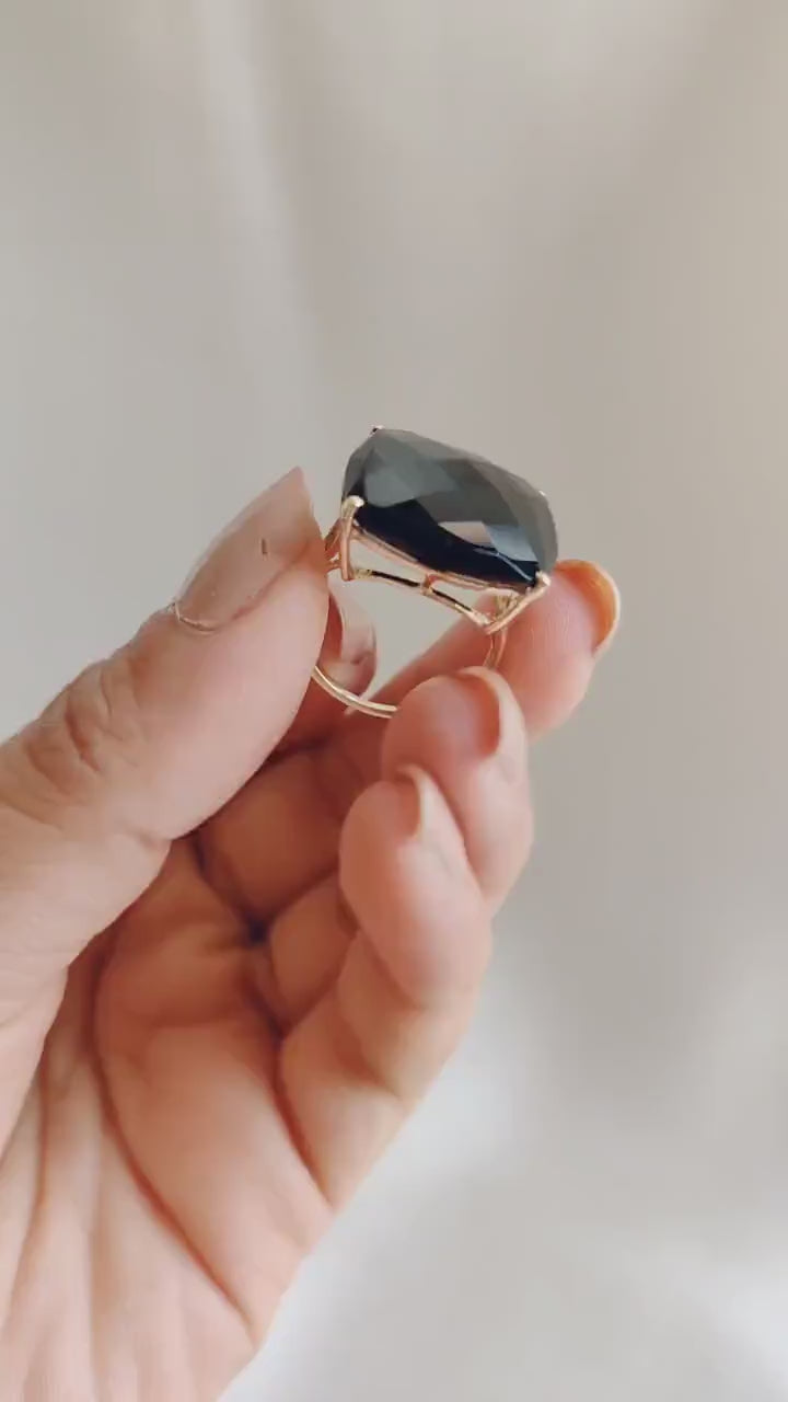 Natural Black Onyx Statement Ring: 14K Solid Yellow Gold, December Birthstone