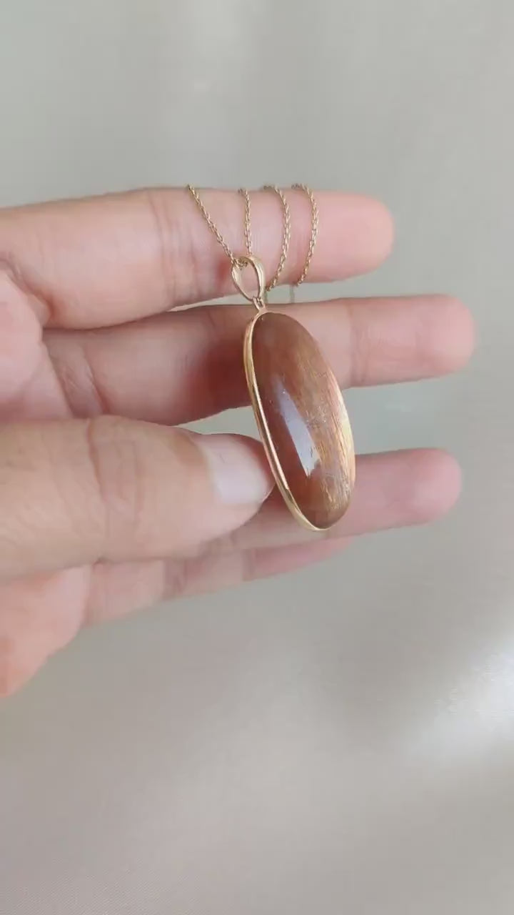 14K Solid Yellow Gold Natural Sunstone Pendant, Oval Cabochon, July August Birthstone