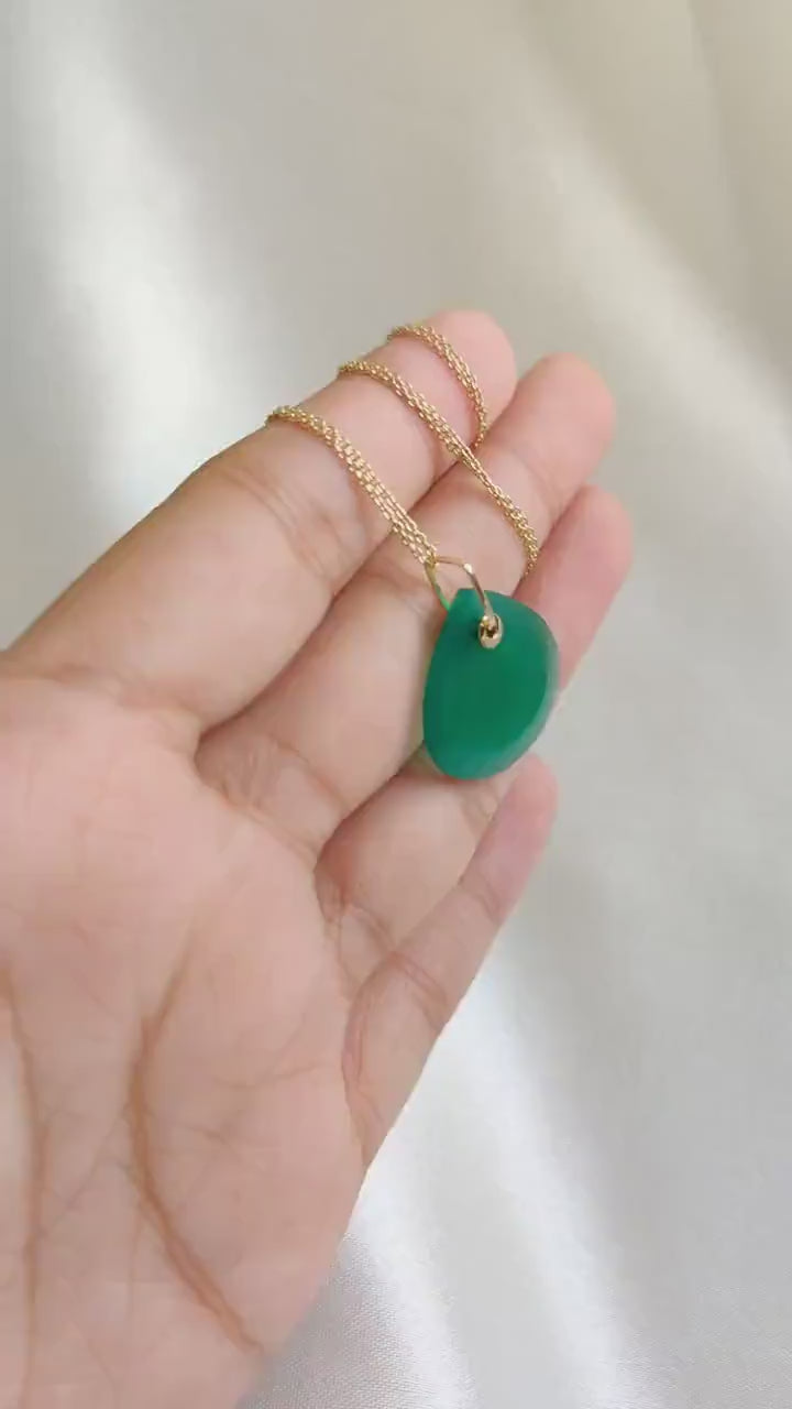 14K Solid Yellow Gold Natural Green Onyx Trillion Pendant, May Birthstone Jewelry, Christmas Present