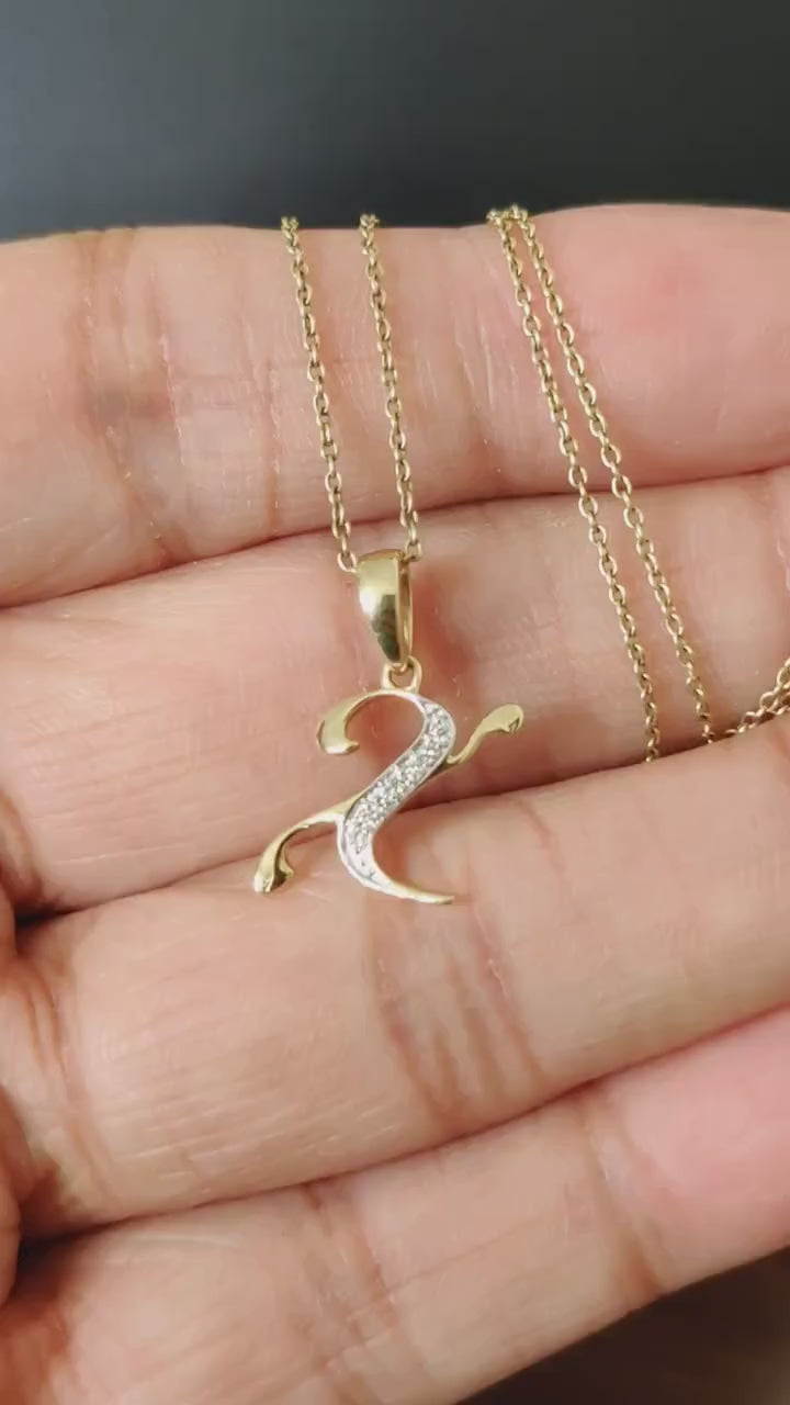 14K Solid Yellow Gold Initial X Diamond Pendant, Birthday Gift