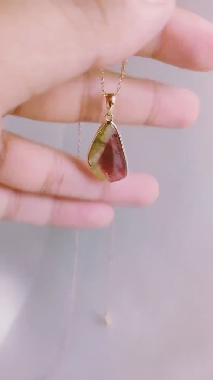 Natural Watermelon Tourmaline 14K Solid Yellow Gold Bezel Pendant, October Birthstone