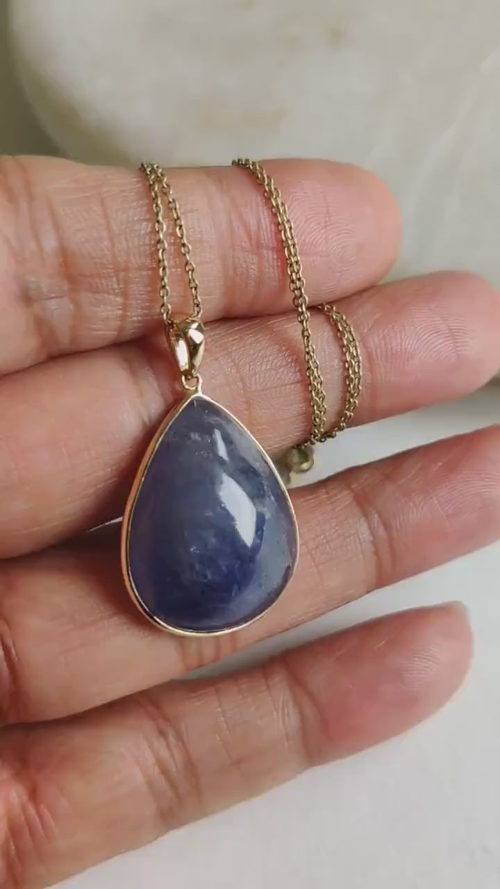 Natural Bi-Color Tanzanite Pendant, Pear Cabochon, 14K Solid Yellow Gold Pendant, Christmas Present