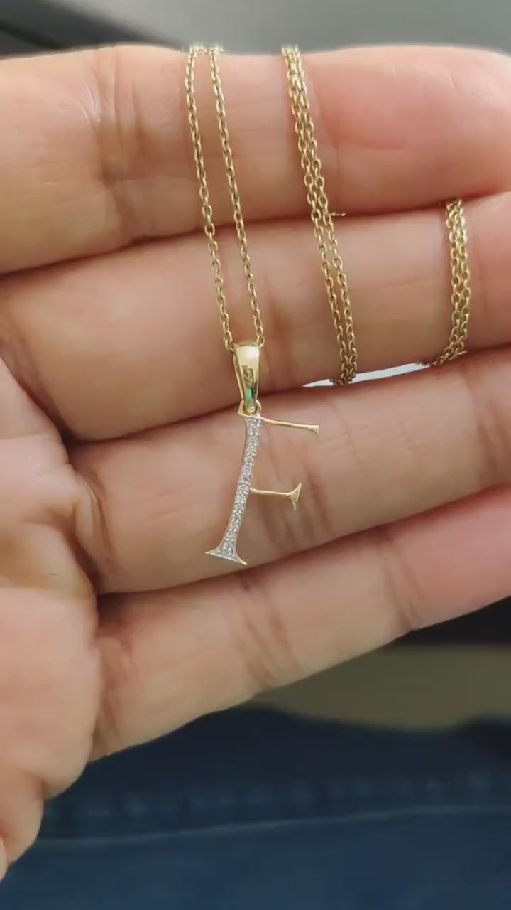 14K Solid Yellow Gold Diamond Initial F Pendant, Alphabet Charm