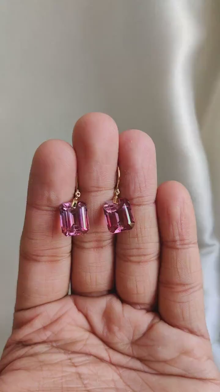14K Solid Yellow Gold Natural Pink Topaz Drill Earrings, December Birthstone
