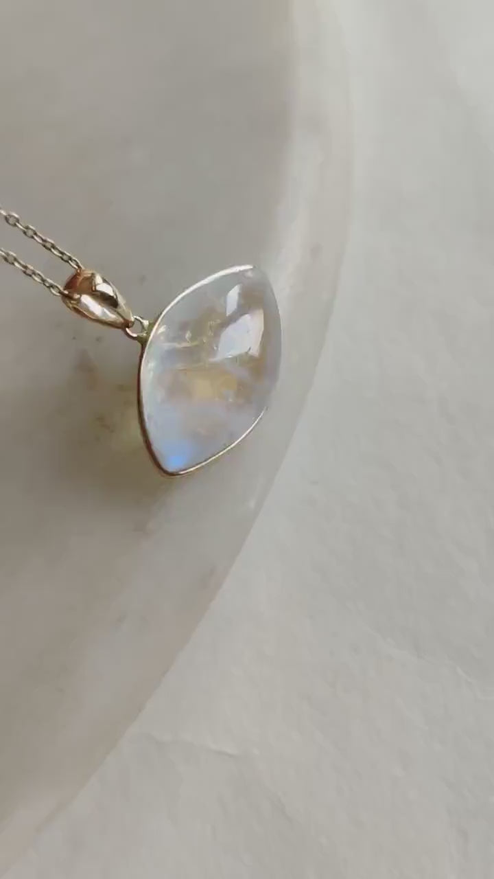 Natural Rainbow Moonstone 14K Solid Gold Marquise Pendant, June Birthstone