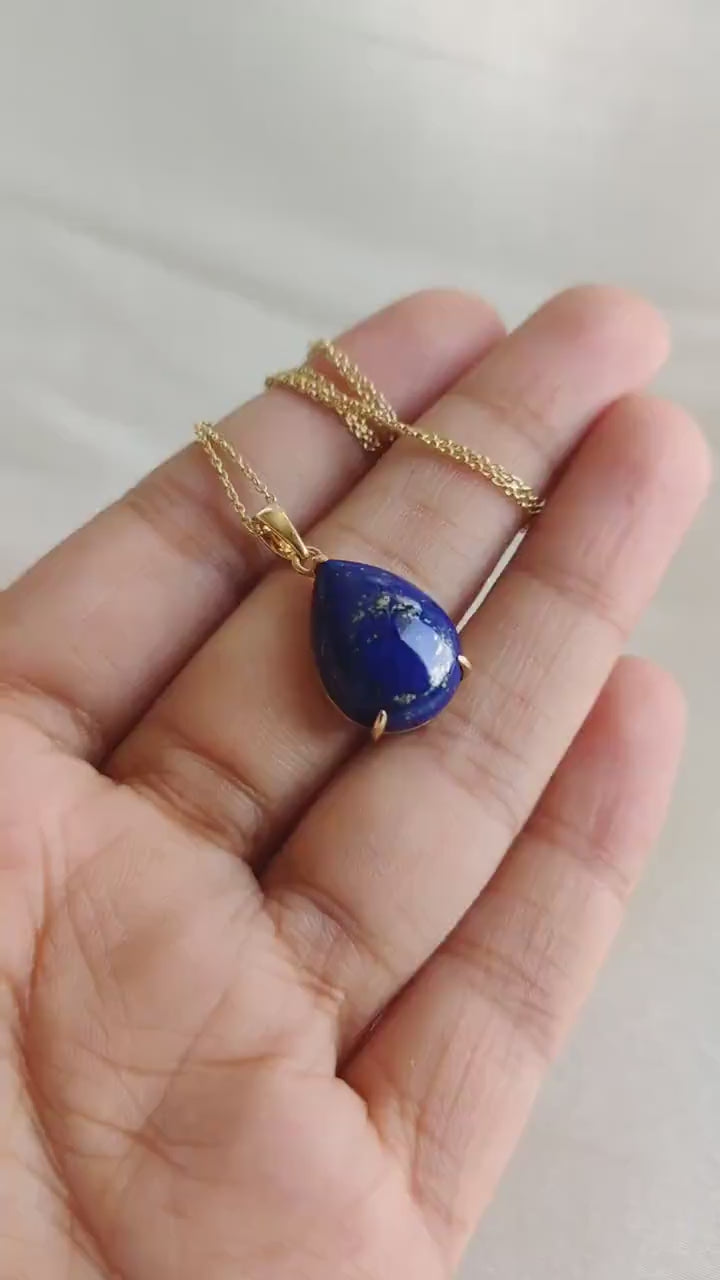 14K Solid Gold Natural Lapis Lazuli Pendant, Pear Prong Setting, September Birthstone