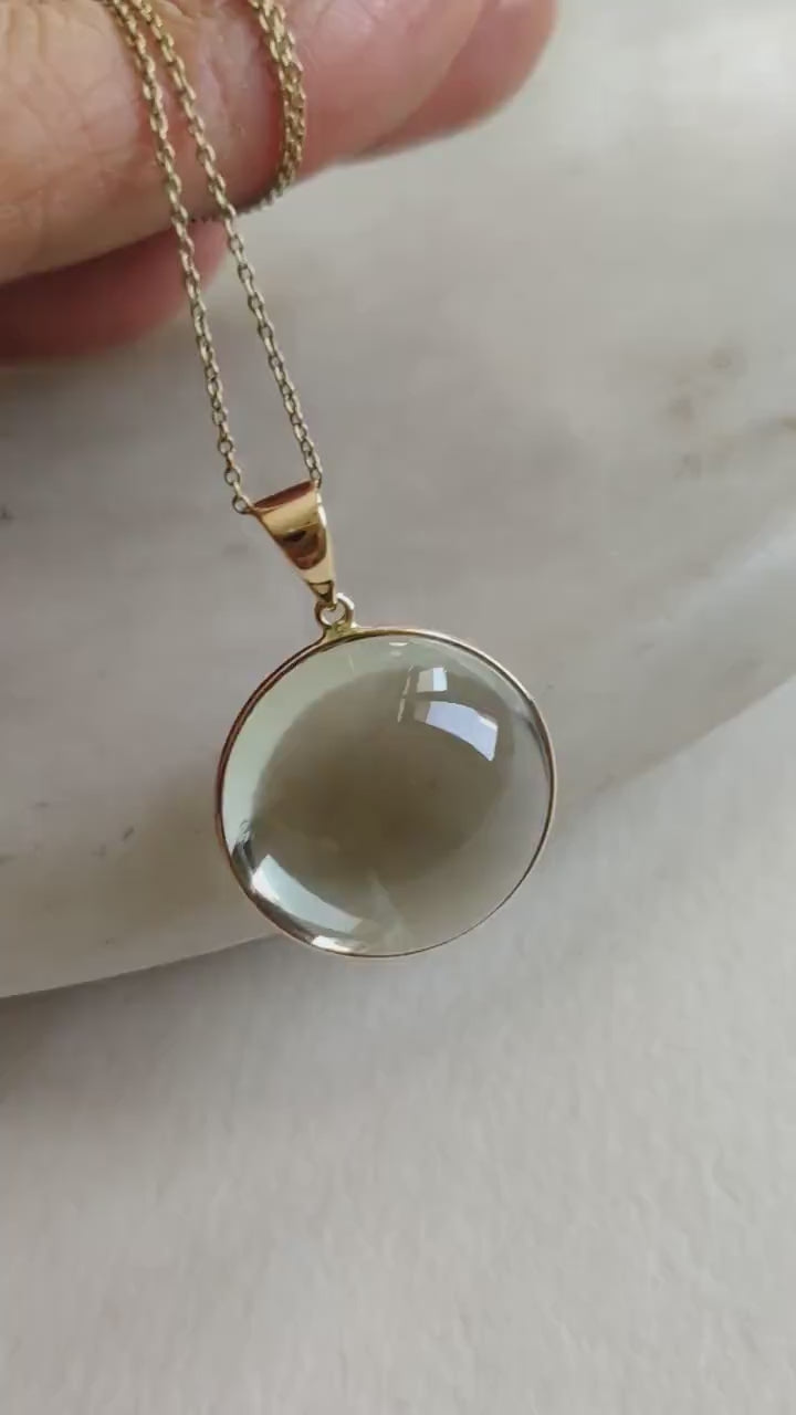 Natural Green Amethyst Pendant: 14K Solid Yellow Gold Round Bezel, February Birthstone