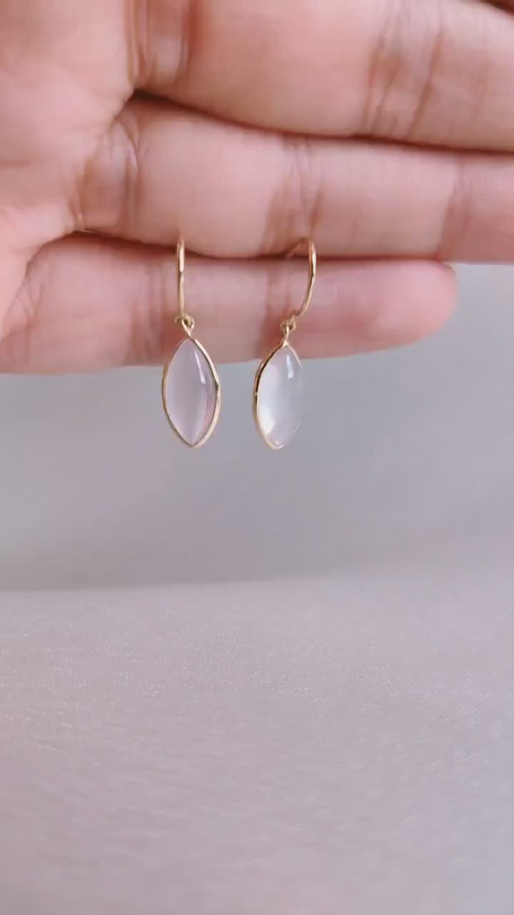 14K Solid Yellow Gold Natural Rose Quartz Marquise Earrings, January Birthstone, Christmas Present