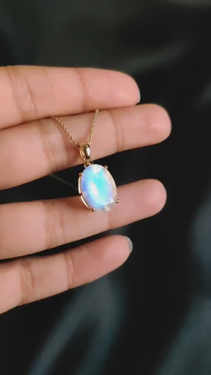14K Solid Gold Natural Rainbow Moonstone Pendant: June Birthstone Jewelry