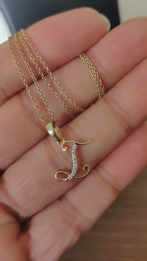 14K Solid Gold Initial I Diamond Pendant, Birthday Gift