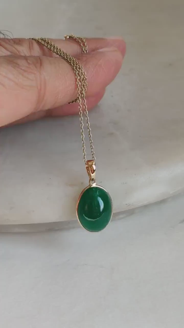 Natural Emerald Pendant, 14K Solid Yellow Gold Oval Cabochon, May Birthstone