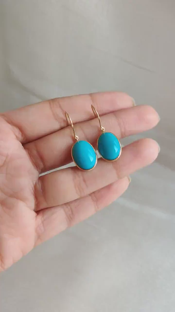 14K Solid Gold Natural Sleeping Beauty Turquoise Earrings, December Birthstone