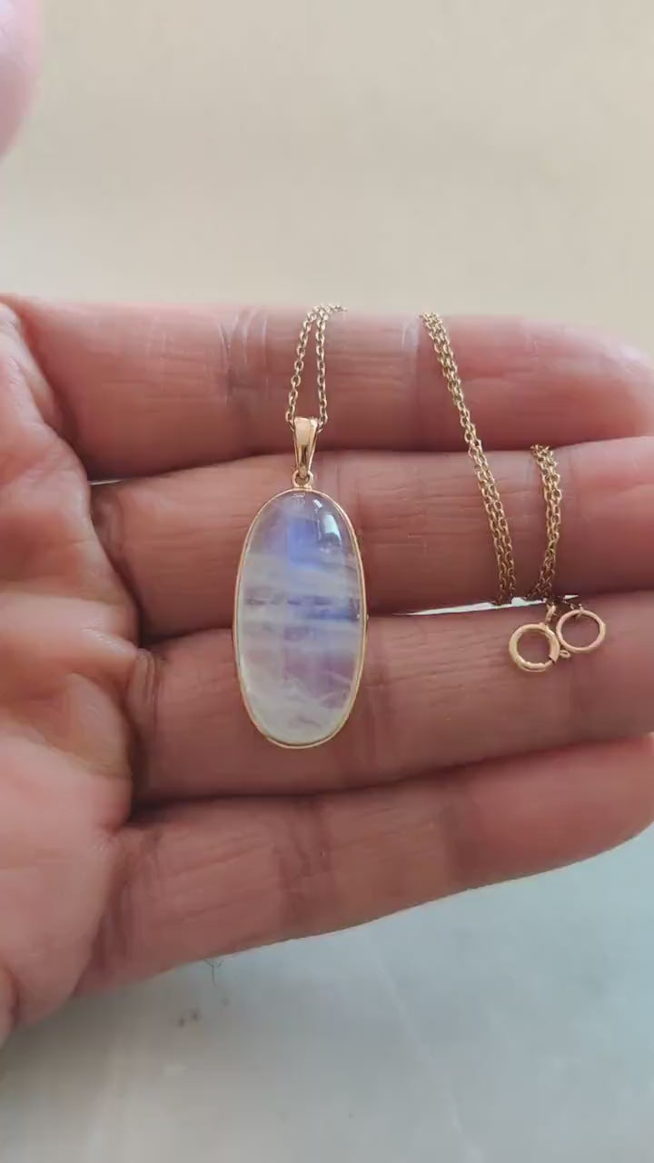 14K Solid Gold Natural Rainbow Moonstone Pendant: June Birthstone Necklace