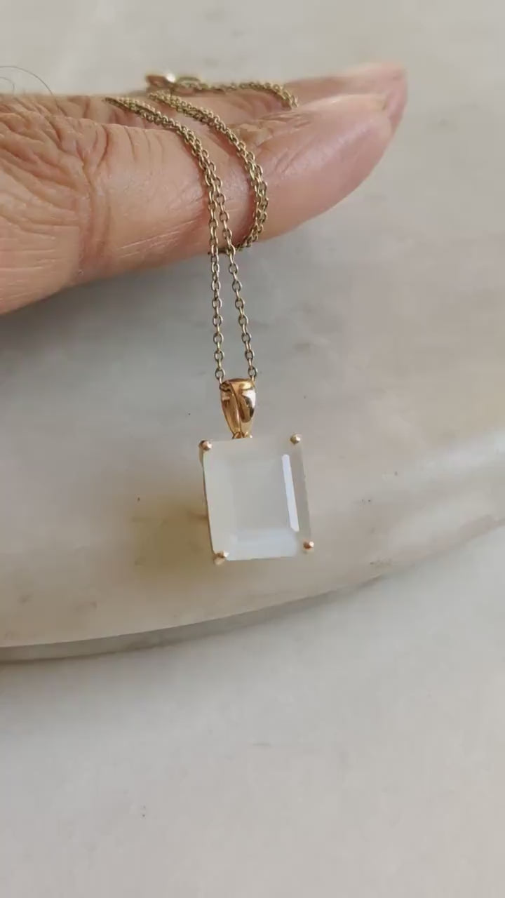 14K Solid Yellow Gold Natural White Moonstone Pendant, June Birthstone, Christmas Present