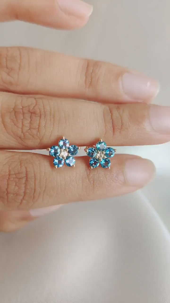 Natural Swiss Blue Topaz & White Topaz Flower Studs, 14K Solid Yellow Gold Earrings