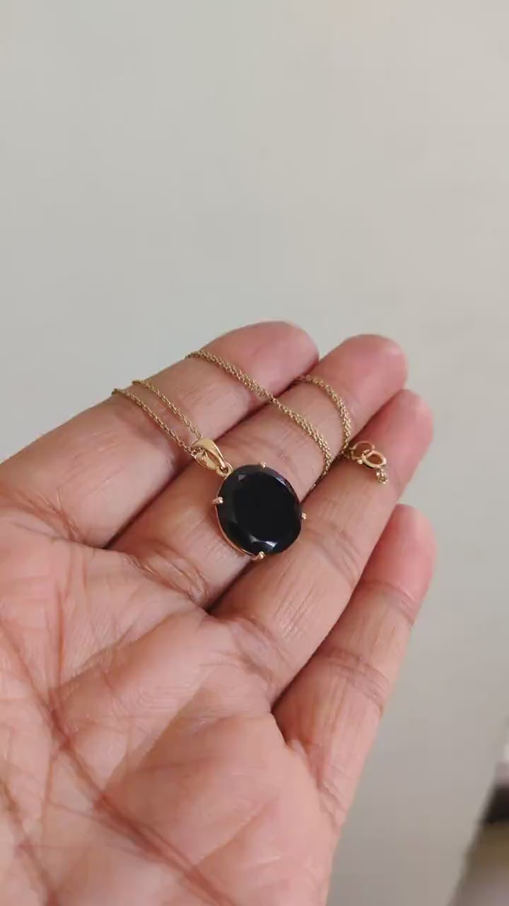 14K Solid Yellow Gold Natural Black Onyx Pendant, December Birthstone Pendant, Christmas Present