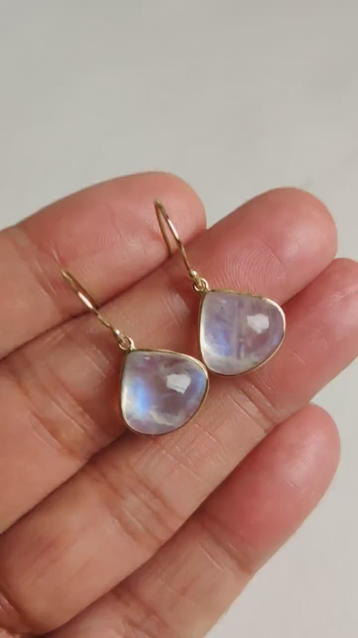 14K Solid Gold Natural Rainbow Moonstone Earrings, June Birthstone Jewelry