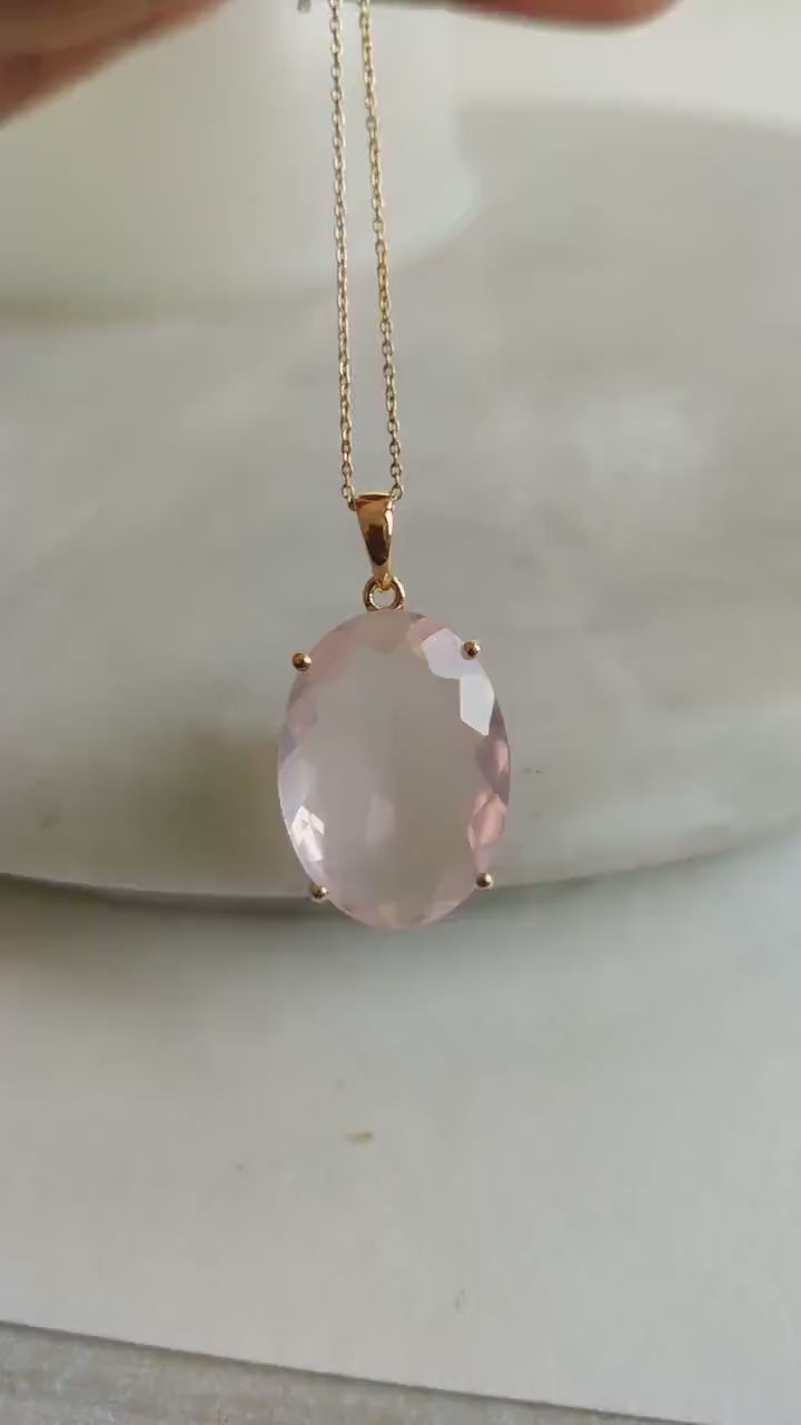 14K Solid Gold Natural Rose Quartz Pendant, Oval Prong Setting, January Birthstone