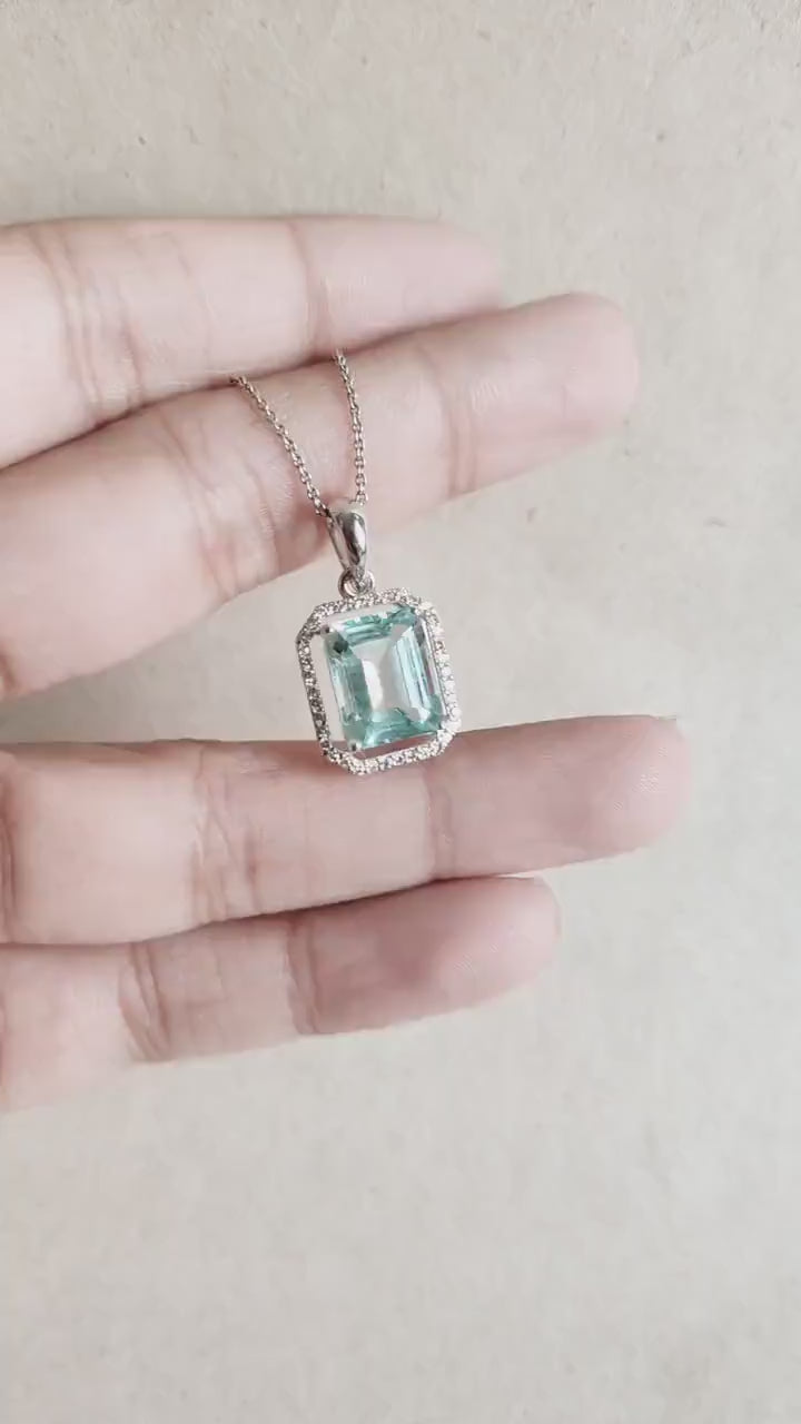 Natural Aquamarine & Diamond Pendant, 14K Solid White Gold Pendant, March Birthstone,