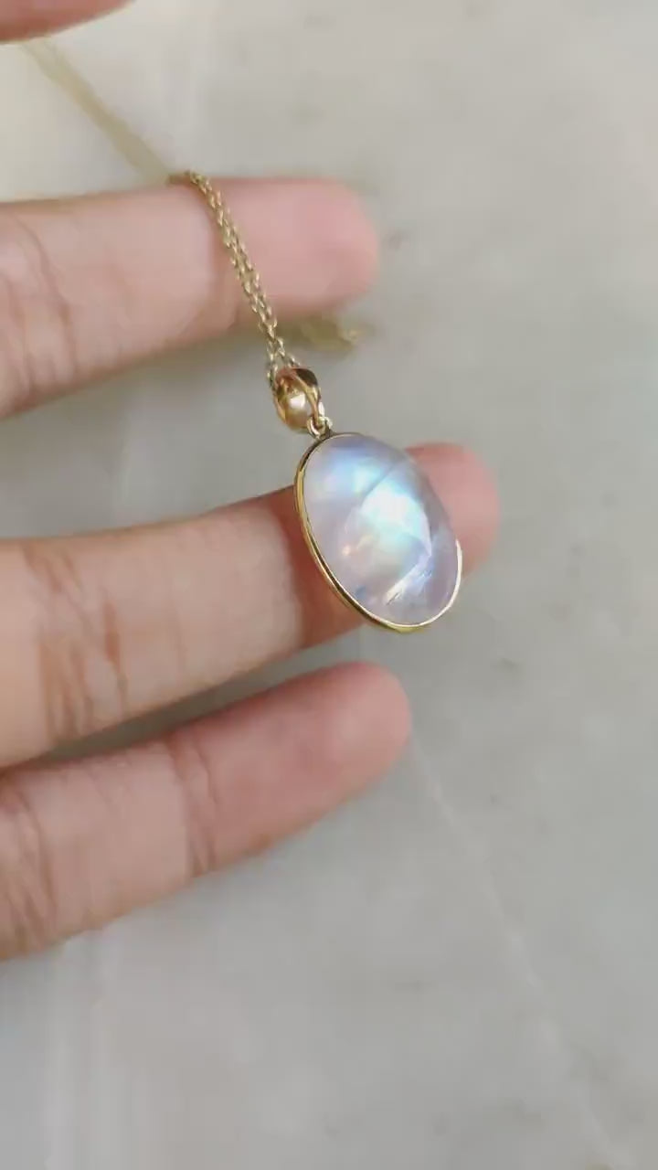 Natural Rainbow Moonstone Pendant: 14K Solid Yellow Gold Bezel, June Birthstone