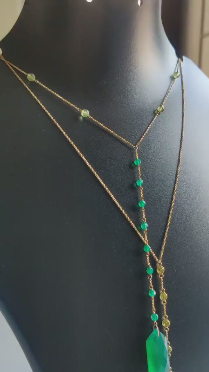 Natural Green Onyx & Peridot 14K Solid Yellow Gold Chain Necklace, August May Birthstone