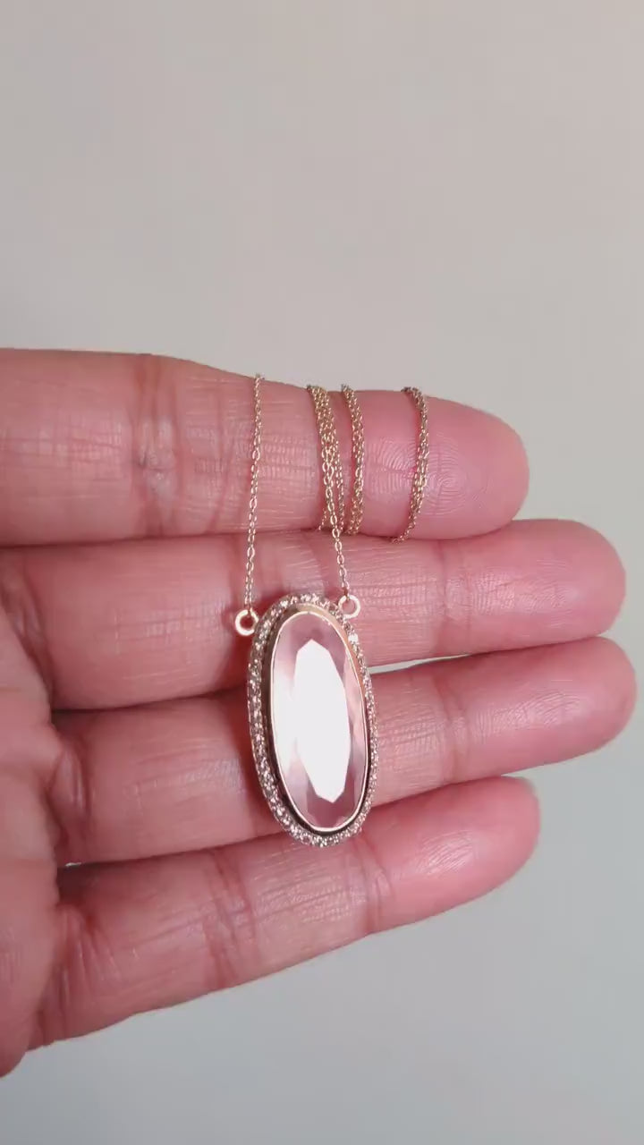 14K Solid Yellow Gold Natural Rose Quartz & White Topaz Halo Chain Necklace, January Birthstone