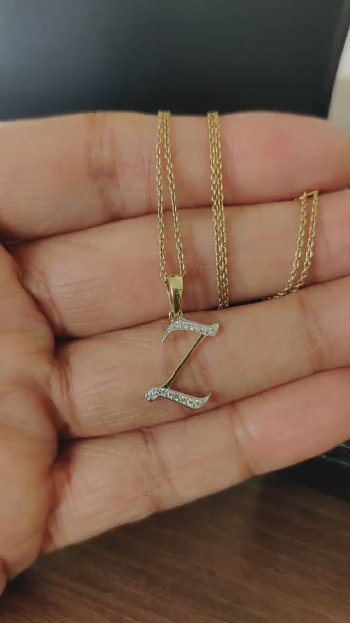 14K Solid Gold Initial Z Diamond Pendant, Birthday Gift