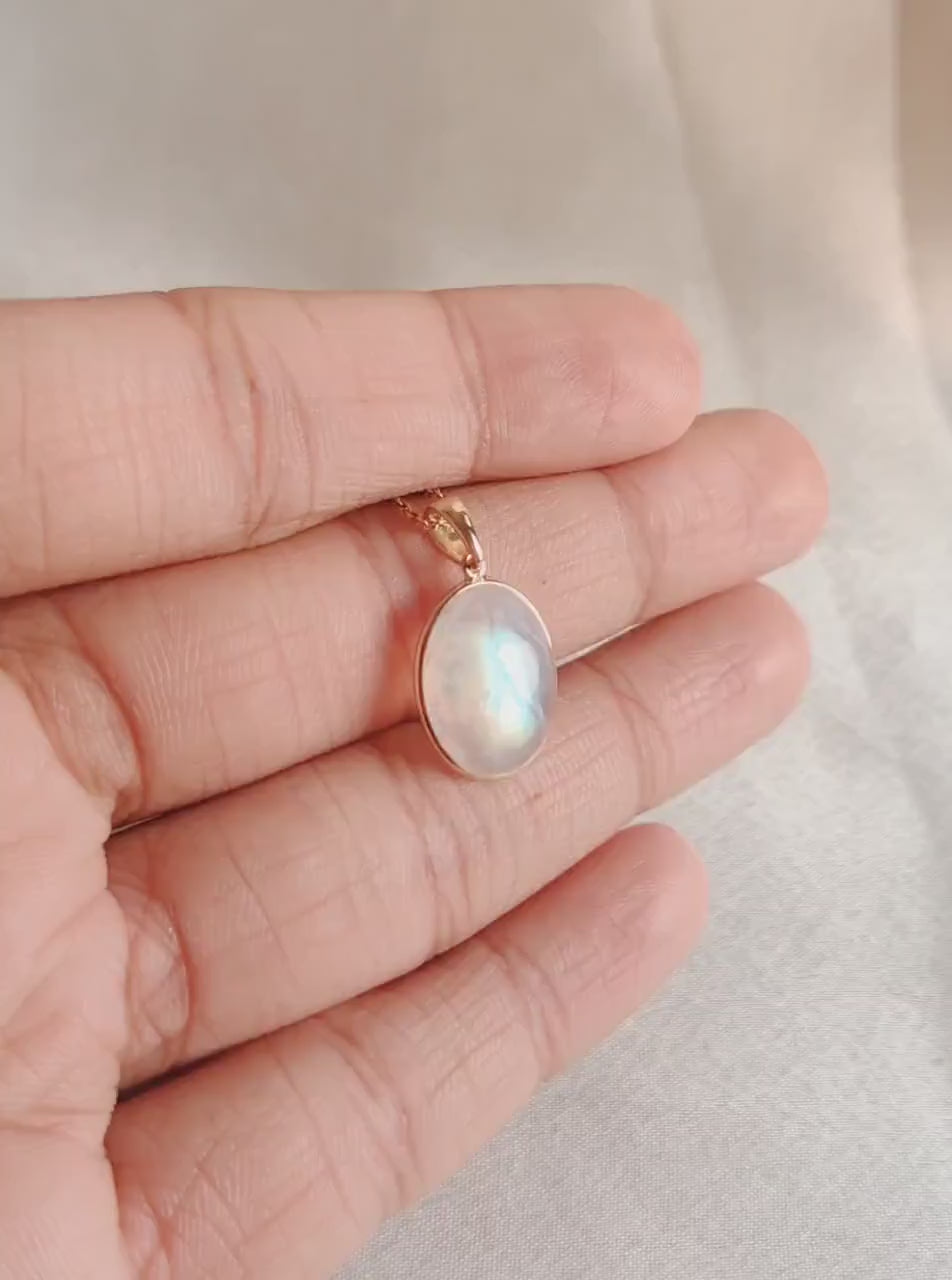 Natural Rainbow Moonstone Pendant, 14K Solid Yellow Gold Bezel, June Birthstone