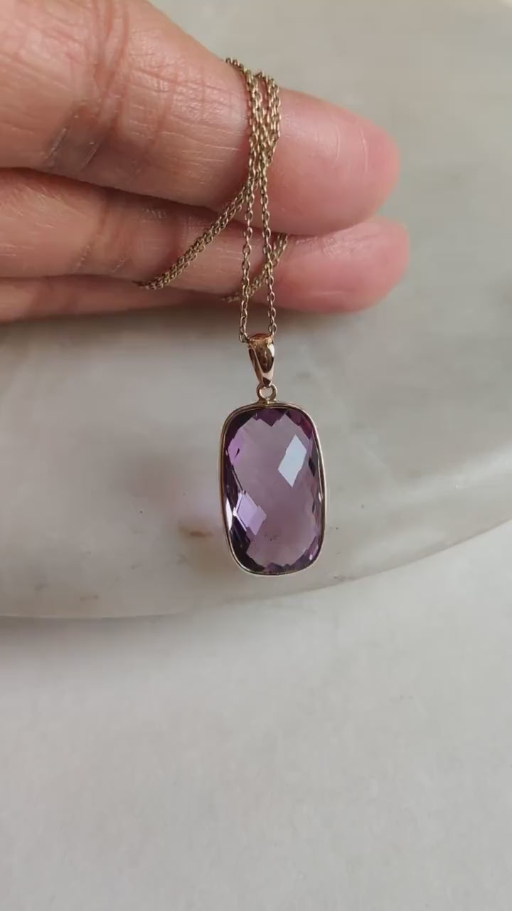14K Solid Gold Natural Pink Amethyst Pendant, February Birthstone Jewelry