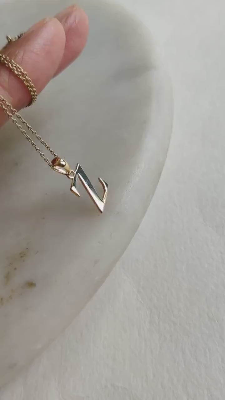 14K Solid Yellow Gold Initial Z Pendant, Alphabet Charm