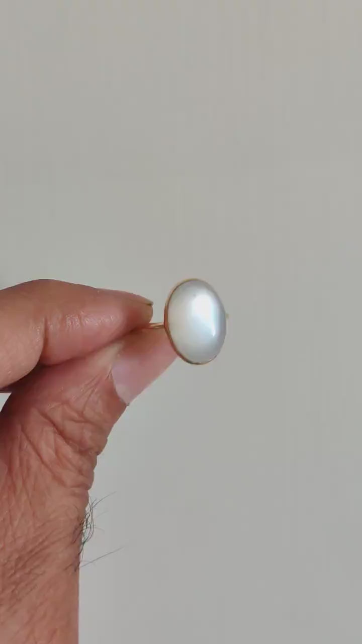 14K Solid Yellow Gold Natural White Moonstone Ring, Bezel Setting, Christmas Present