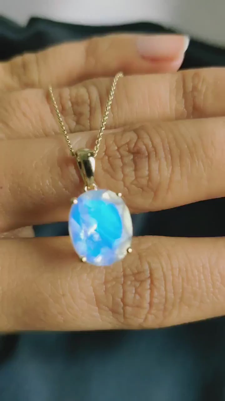 Natural Rainbow Moonstone Prong Pendant, 14K Solid Yellow Gold, June Birthstone