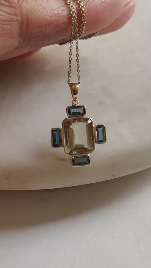 14K Solid Gold Natural Green Amethyst & London Blue Topaz Pendant, February Birthstone