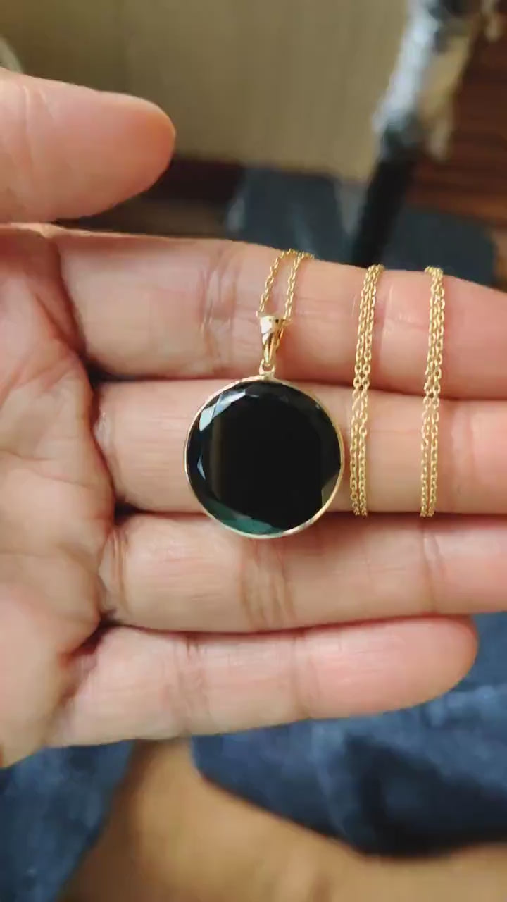 14K Solid Yellow Gold Natural Black Onyx Pendant, Round December Birthstone Pendant, Christmas Present