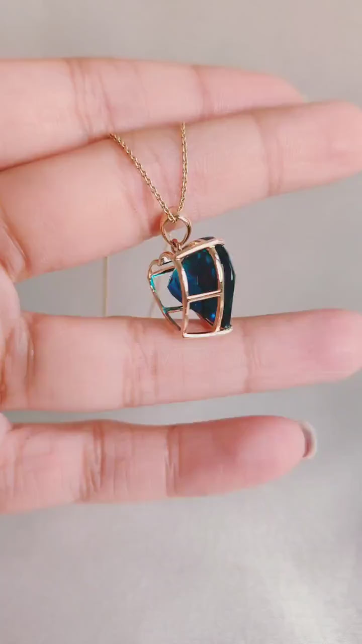 14K Solid Gold Natural London Blue Topaz Heart Pendant - December Birthstone