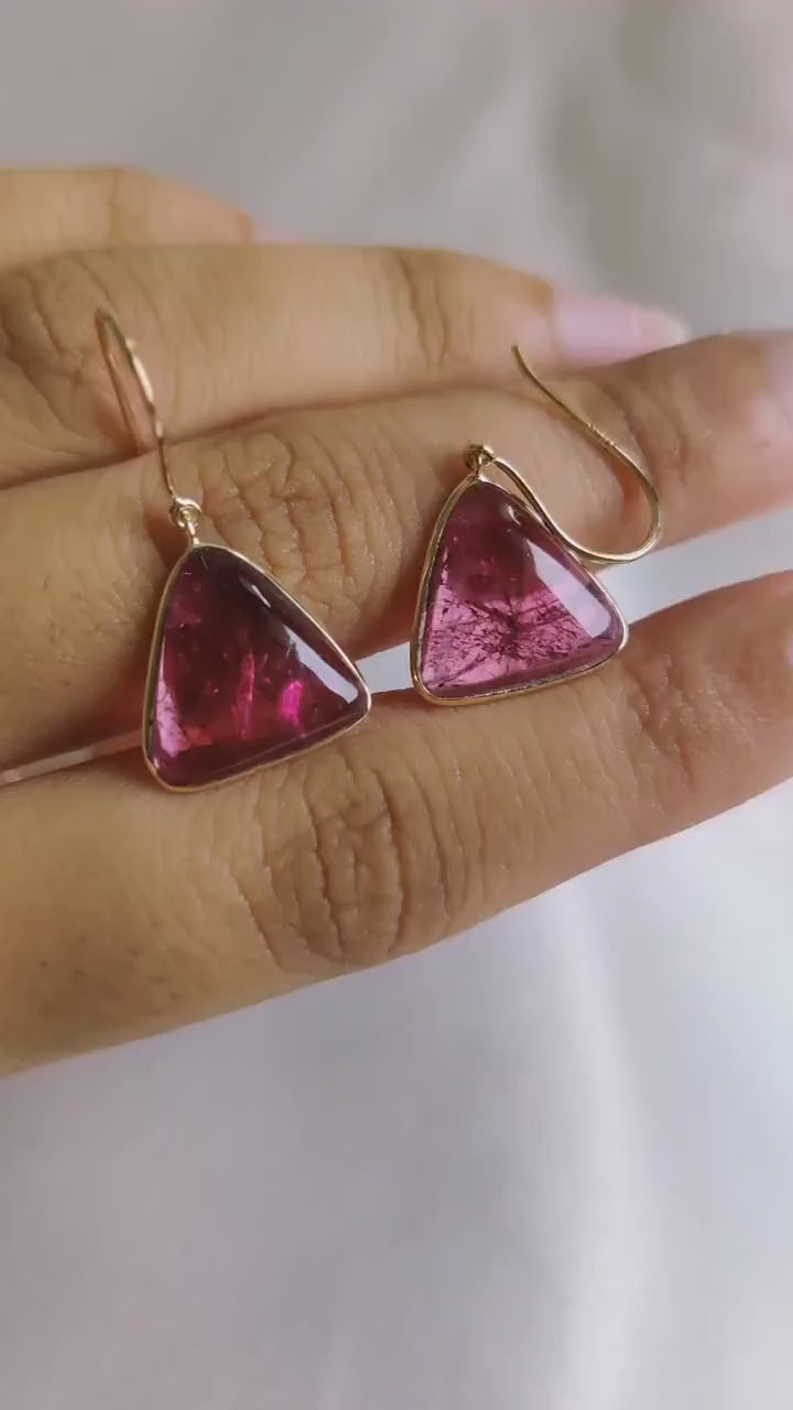 Natural Rubellite Pink Tourmaline Trillion Earrings, 14K Solid Yellow Gold Bezel Set
