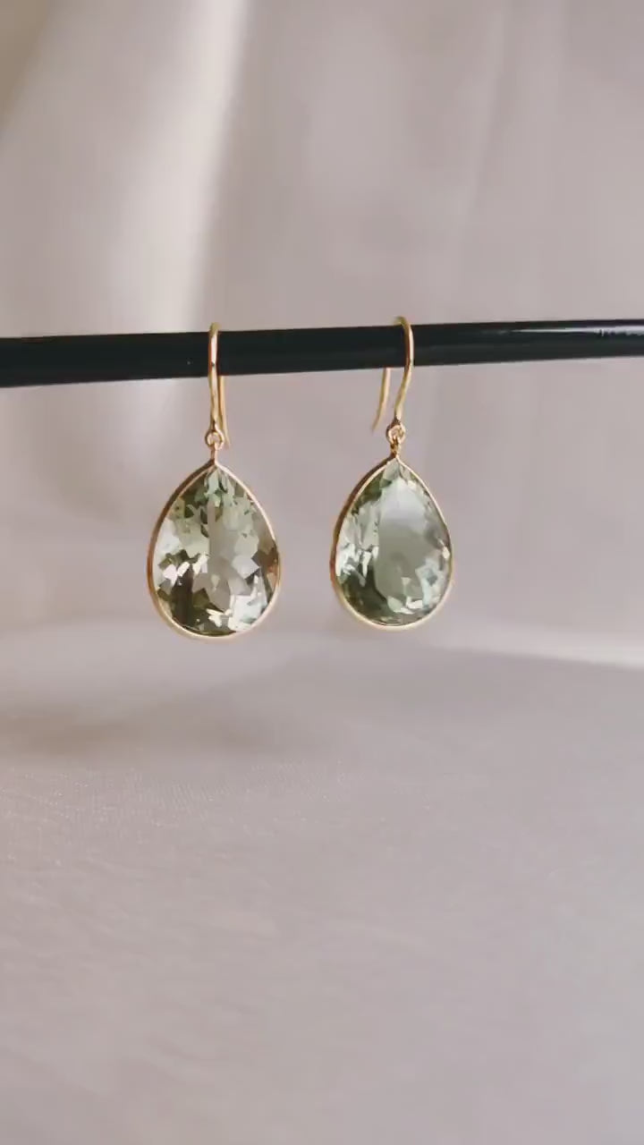Pear Cut Natural Green Amethyst Earrings, 14K Solid Yellow Gold, February Birthstone