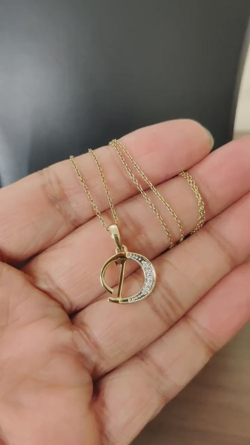 14K Solid Gold Initial D Diamond Pendant, Birthday Gift
