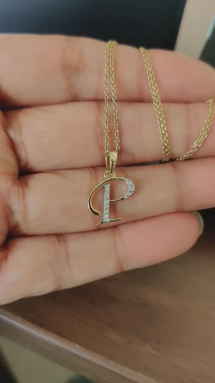 14K Solid Gold Initial P Pendant, Natural Diamond Charm Alphabet