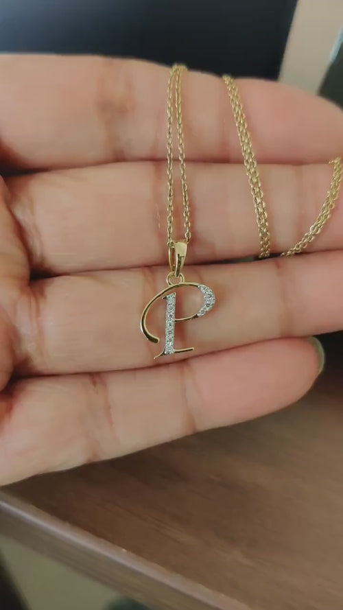 14K Solid Gold Initial P Pendant, Natural Diamond Charm Alphabet