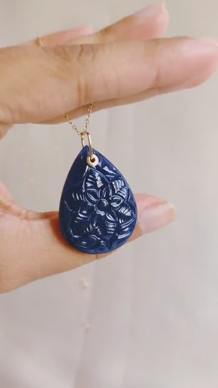 Natural Carved Blue Sapphire Drill Pendant, 14K Solid Yellow Gold, September Birthstone