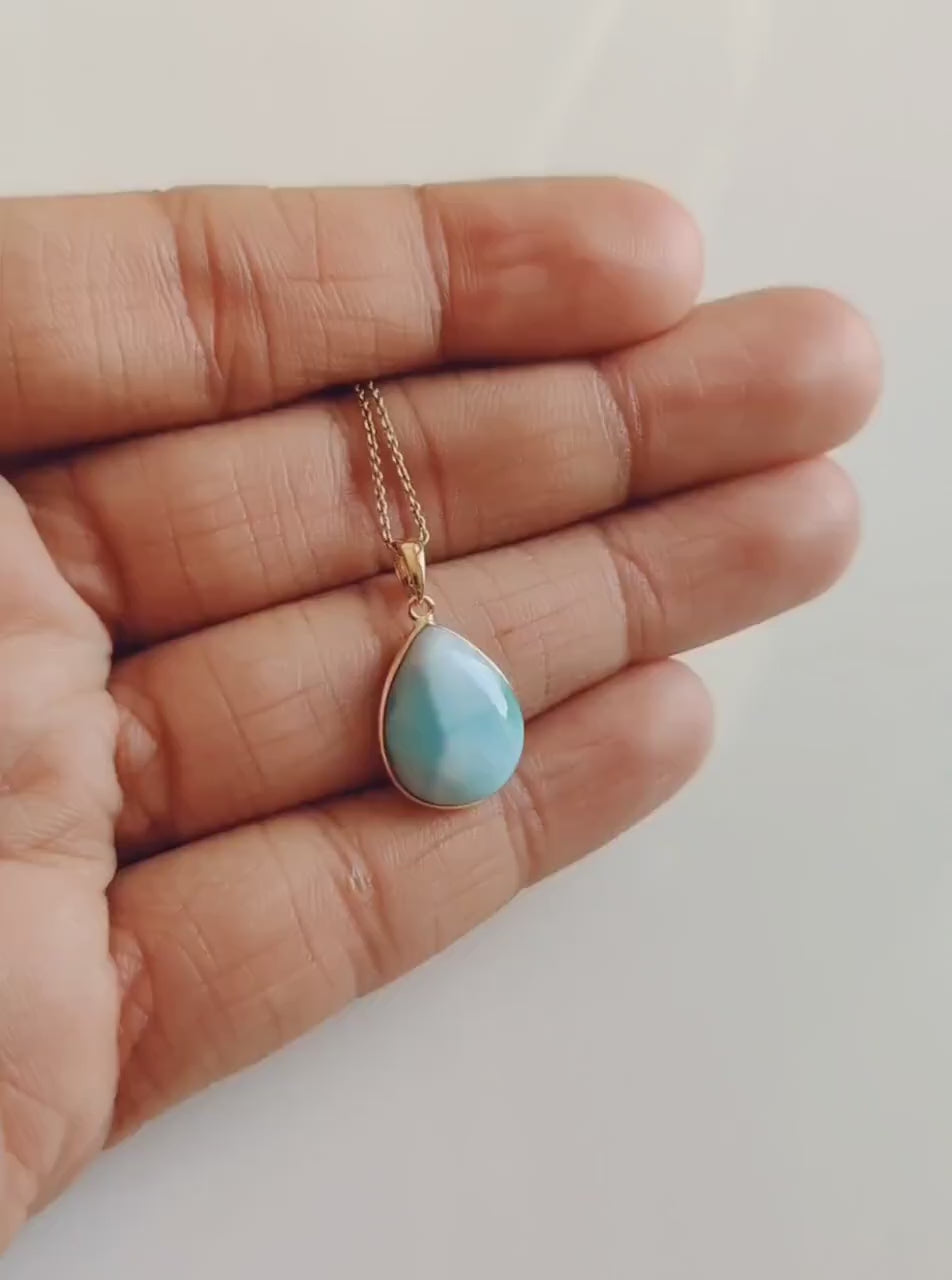Natural Larimar Pendant, 14K Solid Yellow Gold Bezel Pendant, Pear Cabochon, Christmas Present