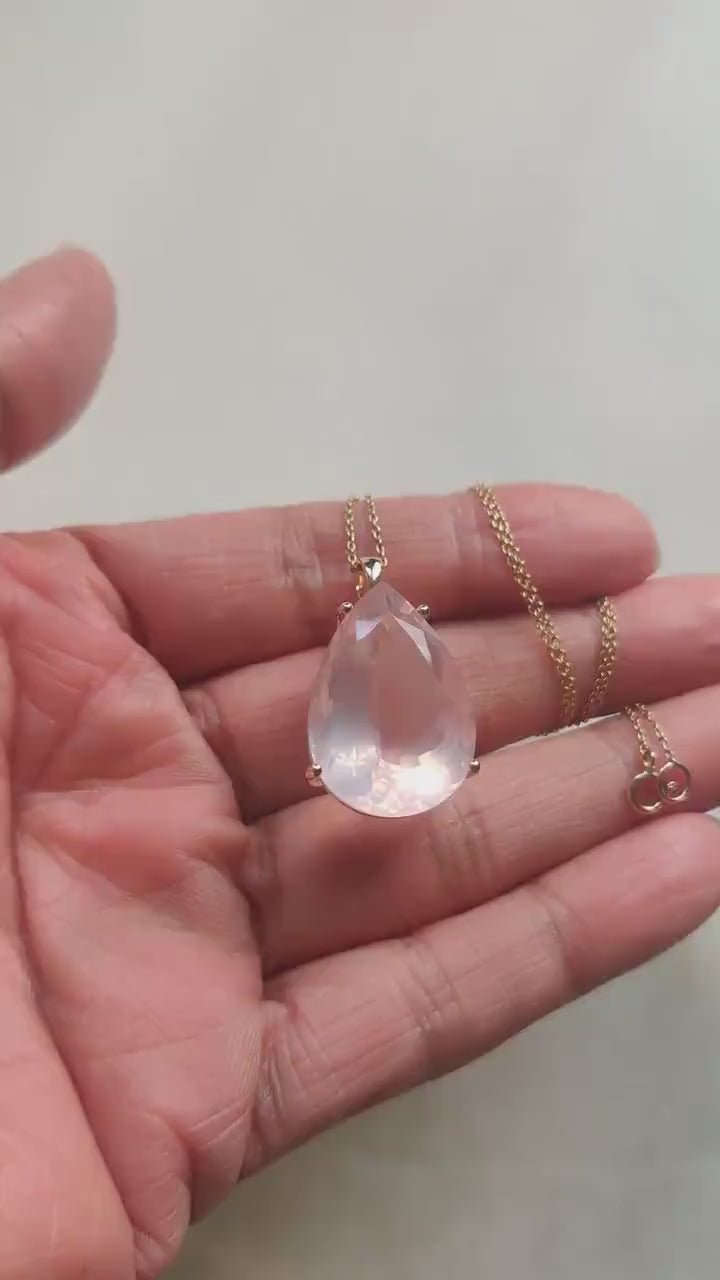 14K Solid Gold Pear Natural Rose Quartz Pendant, January Birthstone