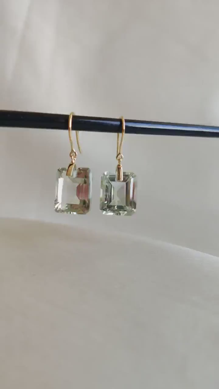 14K Solid Yellow Gold Natural Green Amethyst Drill Earrings, February Birthstone, Christmas Present