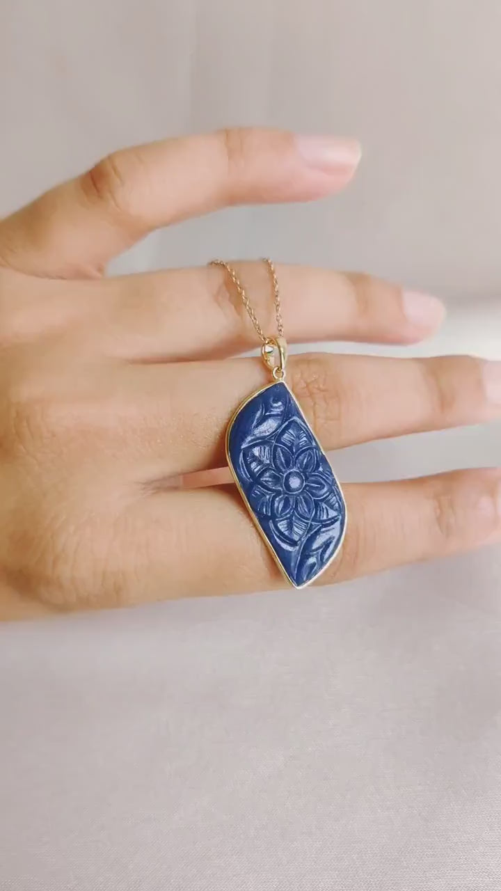 Carved Natural Blue Sapphire Pendant, 14K Solid Yellow Gold, September Birthstone