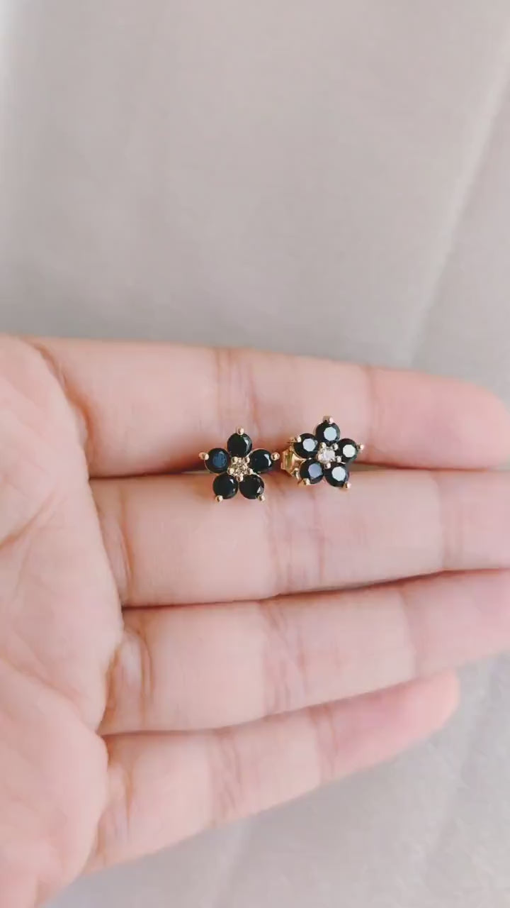 Natural Black Spinel & White Topaz Flower Studs, 14K Solid Yellow Gold Earrings