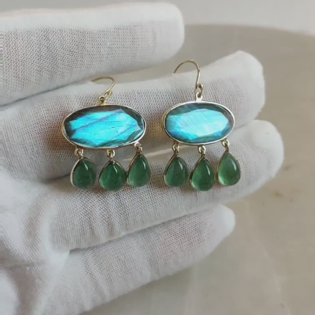 14K Solid Gold Natural Labradorite & Green Aventurine Drop Earrings, November Birthstone