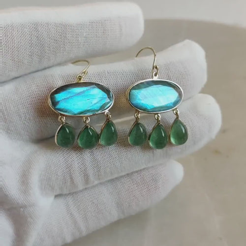 14K Solid Gold Natural Labradorite & Green Aventurine Drop Earrings, November Birthstone