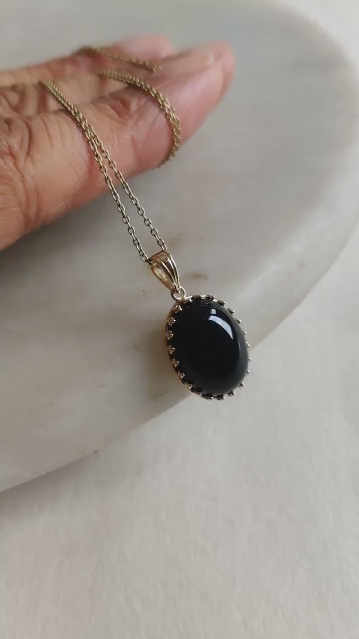 14K Solid Gold Natural Black Onyx Pendant, Crown Bezel, December Birthstone