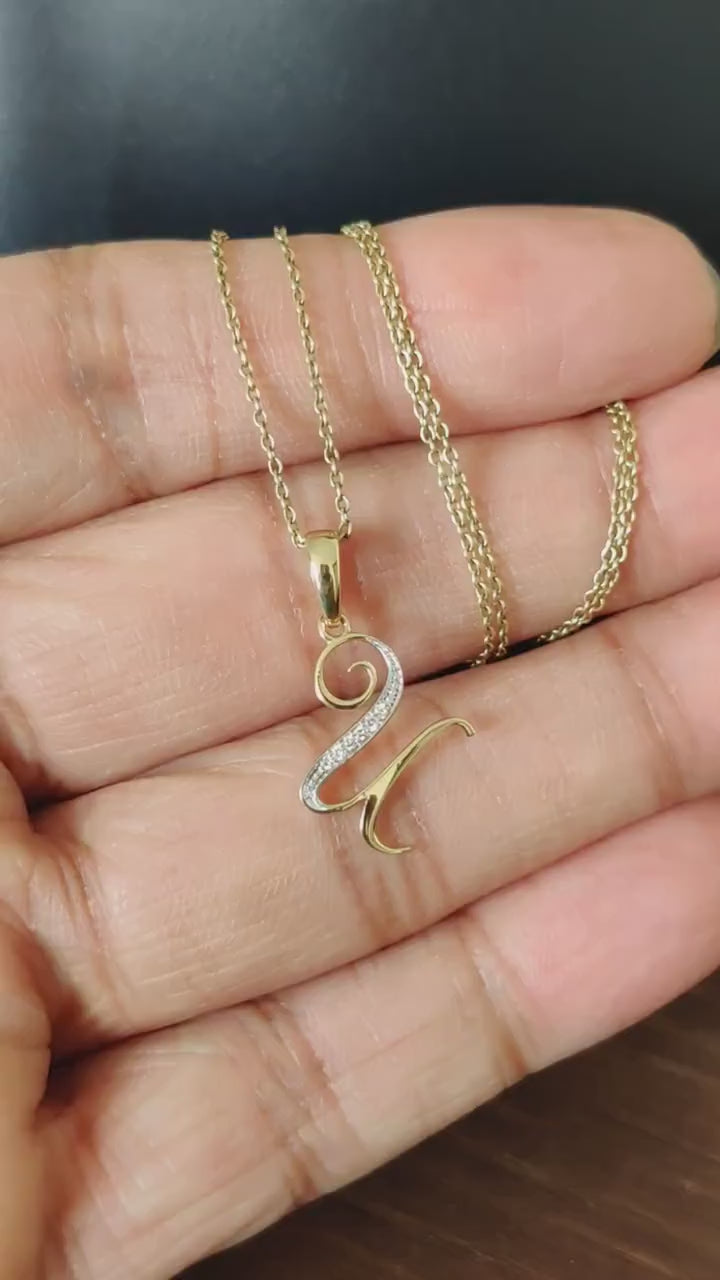 14K Solid Gold Initial U Pendant, Natural Diamond Charm Pendant